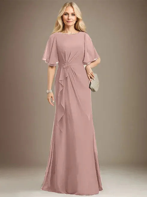 A-Linien Rundhals bodenlanges Chiffon Mutter der Braut Kleid mit kaskadierenden Rüschen Perlen Pailletten