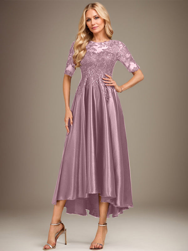 A-Linie Rundhalsausschnitt Illusion Asymmetrisches Stretch-Satin-Spitzen-Brautmutterkleid mit Pailletten