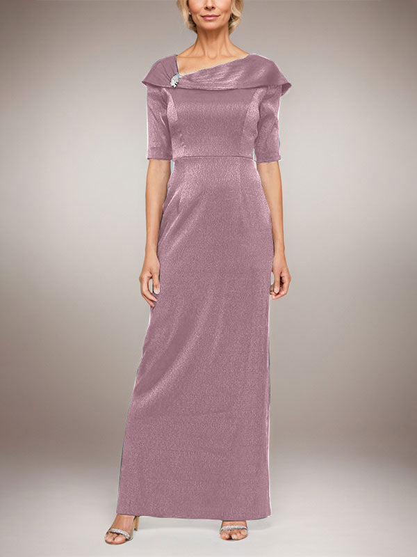 Langes schimmerndes Säulenkleid mit umgeschlagenem Ärmelbündchen, L-Ausschnitt und Ellbogenärmeln