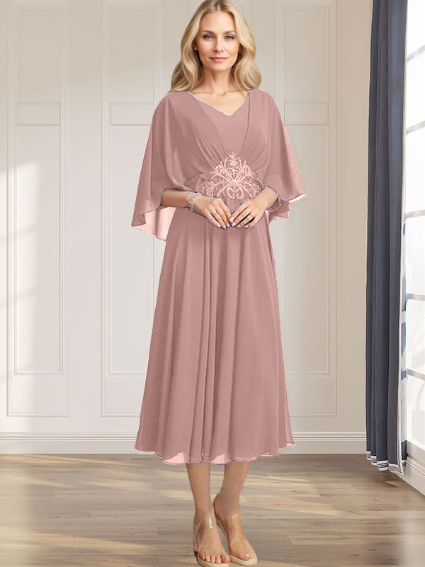 Robe de mère de la mariée en mousseline, longueur thé, col en V, en ligne A, avec appliques plissées, sequins, dentelle et perles