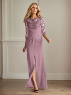 Pflaumenfarbenes eng anliegendes Spitzen Stretch Krepp Kleid für die Brautmutter