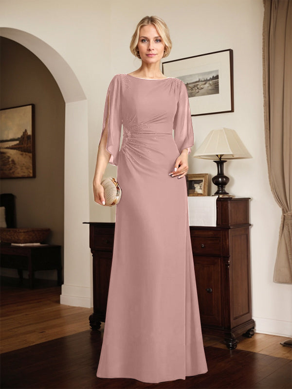 Etuikleid/Säule Rundhals bodenlanges Chiffon Kleid der Brautmutter mit plissierten Perlen