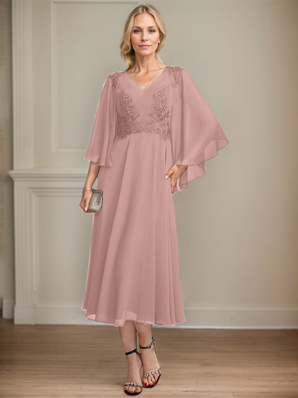 A-Linien-Brautmutterkleid aus Chiffon, V-Ausschnitt, tea-length mit Spitze, Pailletten und Perlen
