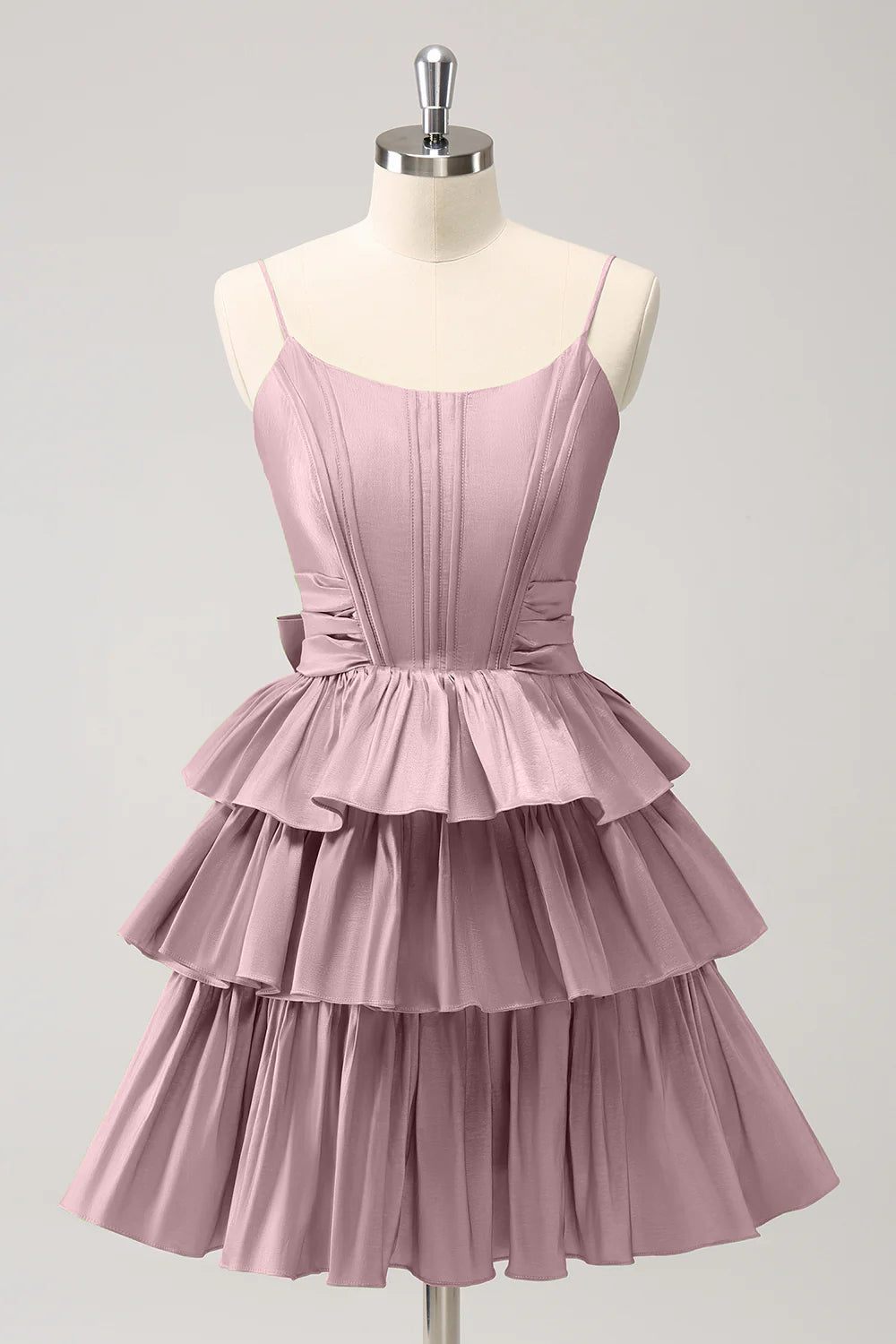A-Linien Corsagen-Kleid mit Spaghettiträgern, gestuften Rüschen und Schleife für den Abschlussball