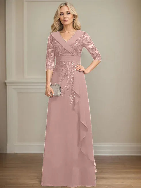 A-Linien Kleid mit Kragen, V-Ausschnitt, bodenlang, aus Spitze und Chiffon, Mutter der Braut Kleid mit Pailletten und fallenden Rüschen