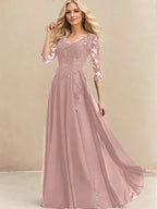 A-Linien V-Ausschnitt Bodenlanges Spitzen-Chiffon Kleid für die Brautmutter mit Pailletten