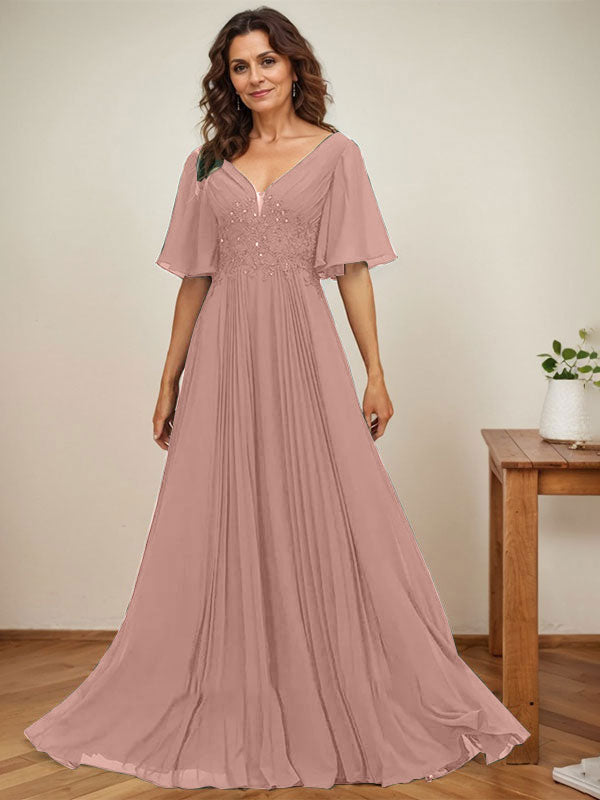 A-Linien V-Ausschnitt bodenlanges Chiffon Mutterkleid der Braut mit Pailletten-Applikationen, Spitze und Falten