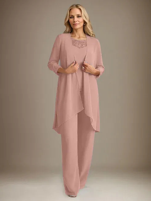 Chiffon Kleid mit Rundhalsausschnitt und langen Ärmeln, Mutter-der-Braut Hosenanzug mit Jacke