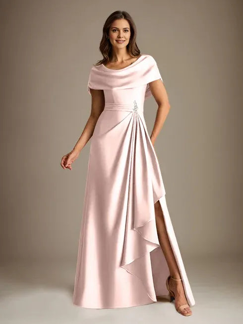 A-Linien-Kleid mit Rundhalsausschnitt, bodenlang, aus Stretch-Satin, Brautmutterkleid mit fallenden Rüschen