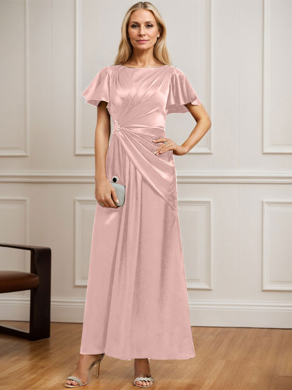 A-Linien Rundhals Knöchellanges Stretch Satin Mutter der Braut Kleid mit Plissierten Perlen