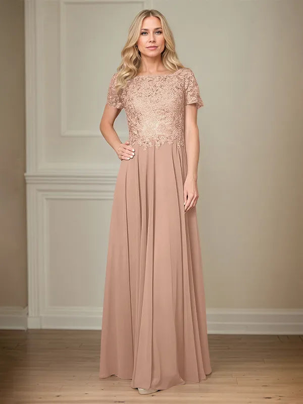 A Line Chiffon Boat Neck Short Sleeves Floor Length Pleated Mother of the Bride Dresses