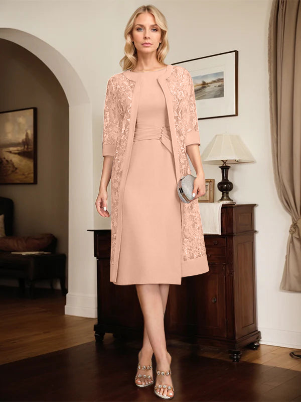 Etui-/Säulen-Kleid mit Rundhalsausschnitt, knielang, Chiffon, Mutter-der-Braut-Kleid mit plissierten Pailletten
