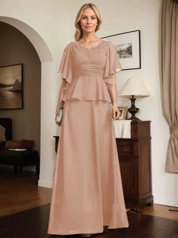 A-Linien Chiffon-Mutter-der-Braut-Kleid mit V-Ausschnitt, bodenlang, plissierte Perlenverzierung
