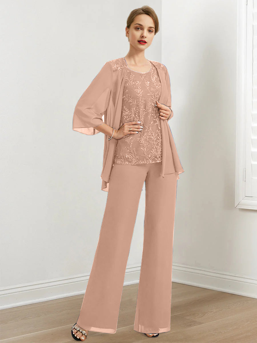 Chiffon Hosenanzüge für die Brautmutter mit Pailletten und Jacke
