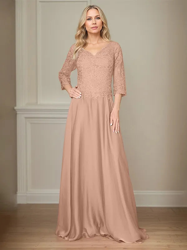 A Line Chiffon V Neck 3/4 Sleeves Floor-Length Mother Of The Bride Dress With Appliques