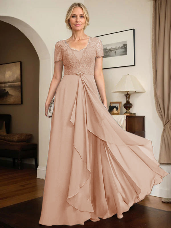 Vestido de madre de la novia línea A con escote corazón, largo hasta el suelo, de gasa y encaje con abalorios y volantes en cascada