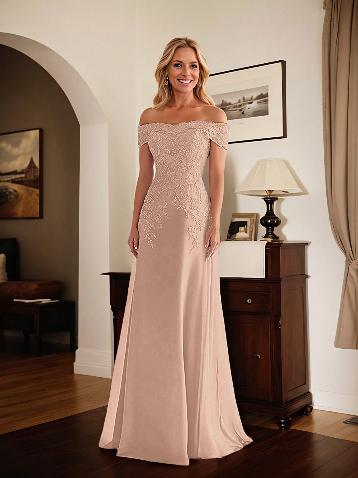 Elegantes taupefarbenes schulterfreies Etuikleid Mutter der Braut Kleid mit Spitze