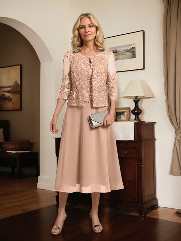A-Linien Spitzen-Chiffon-Brautmutterkleid mit V-Ausschnitt, tea-length, mit Pailletten