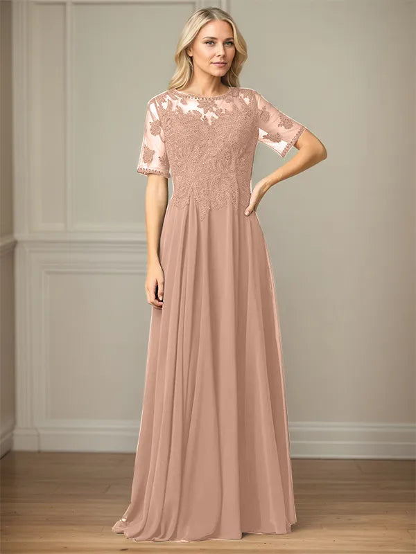 A Line Chiffon Scoop Neck Short Sleeves Floor Length Mother of the Bride Dresses