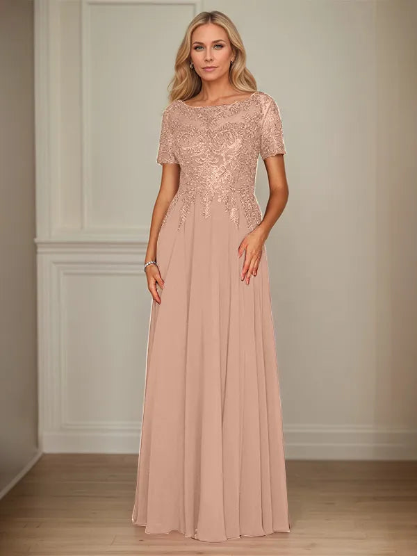 A Line Chiffon Boat Neck Short Sleeves Floor Length Mother of the Bride Dresses