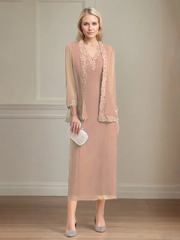 Etui/Column Chiffon V-Ausschnitt 3/4 Ärmel Tea-Length Kleid für die Mutter der Braut