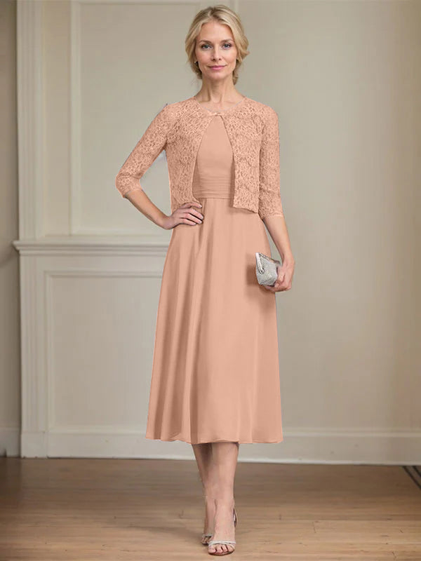 A-Linien Rundhals Tee-Länge Chiffon Kleid für die Mutter der Braut mit Falten