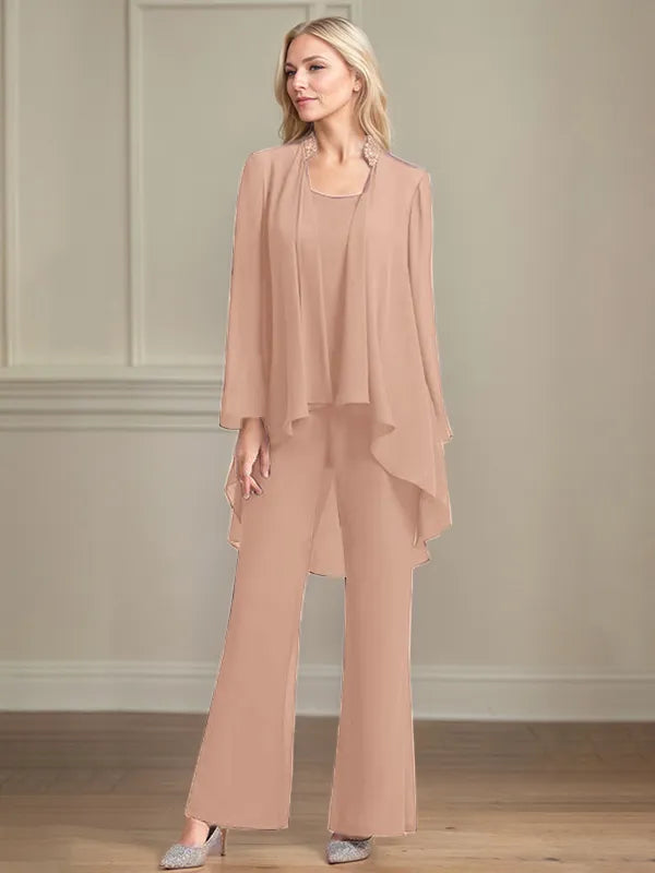 Chiffon Kleid mit Rundhalsausschnitt, langen Ärmeln, bodenlang, Hosenanzug für die Brautmutter