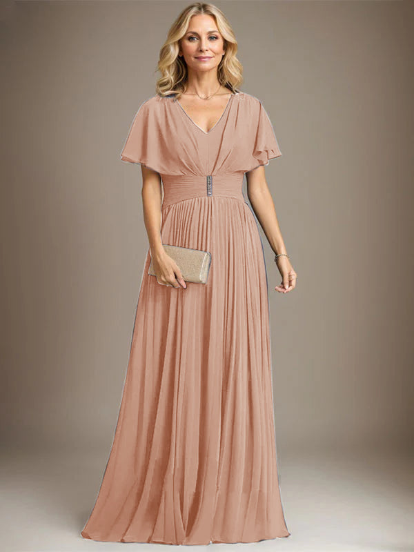 A-Linien V-Ausschnitt Bodenlanges Chiffon Brautmutterkleid mit Kristallbrosche und Plisseefalten