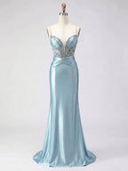 Dusty Blue Beaded Corset Satin Long Prom Dress
