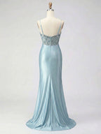 Dusty Blue Beaded Corset Satin Long Prom Dress