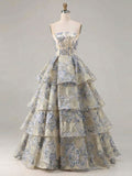Dusty Blue Floral Brocade Strapless Tiered Long Prom Dress