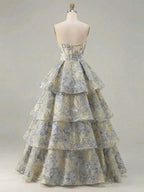 Dusty Blue Floral Brocade Strapless Tiered Long Prom Dress