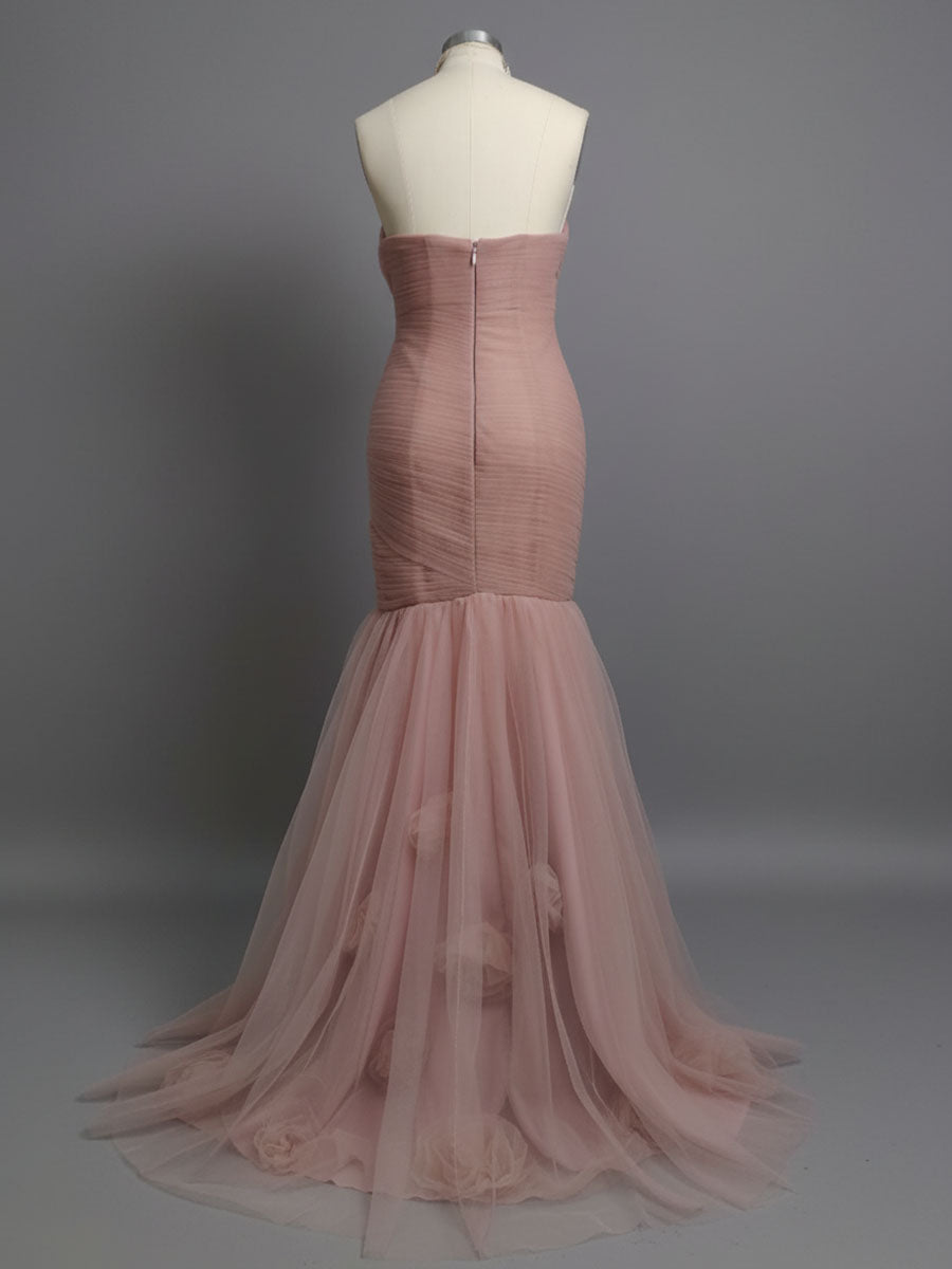Vestido sereia rosa antigo de festa tomara que caia, franzido, tule com flores 3D