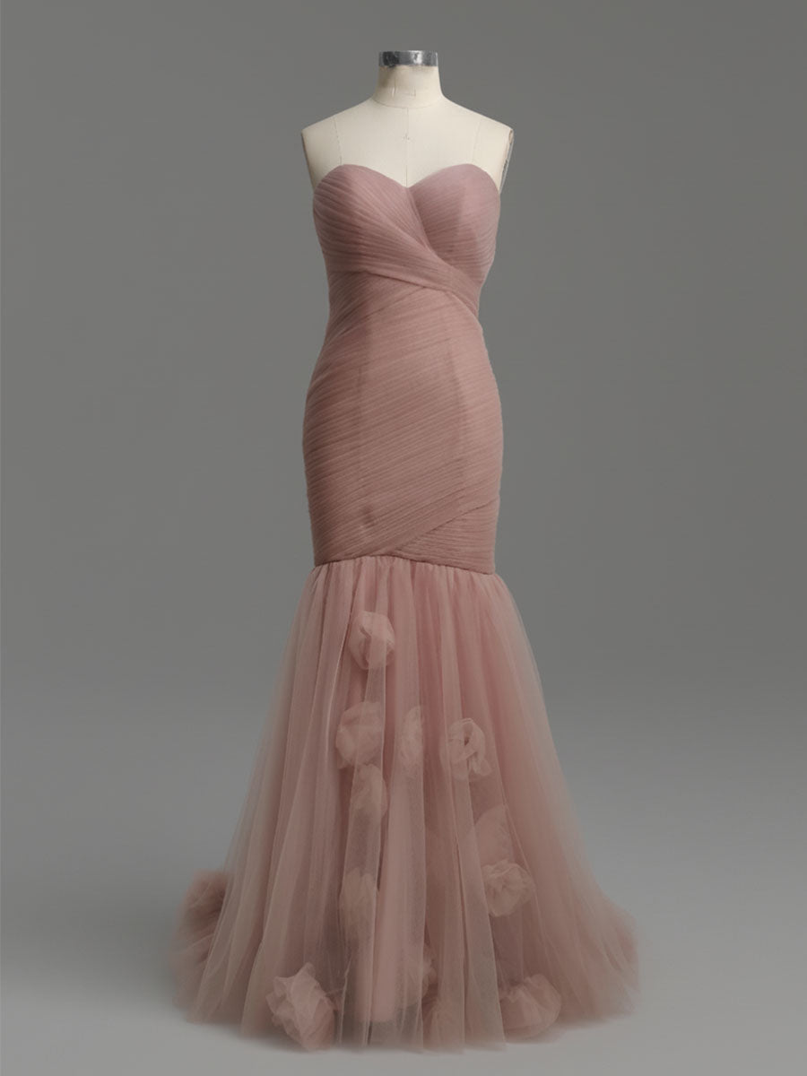 Vestido sereia rosa antigo de festa tomara que caia, franzido, tule com flores 3D