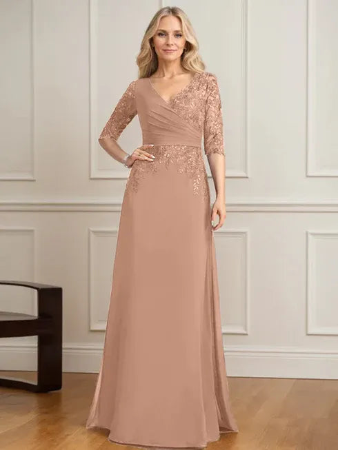 A-Linien V-Ausschnitt bodenlanges Spitzen-Chiffon Kleid der Brautmutter mit plissierten Pailletten