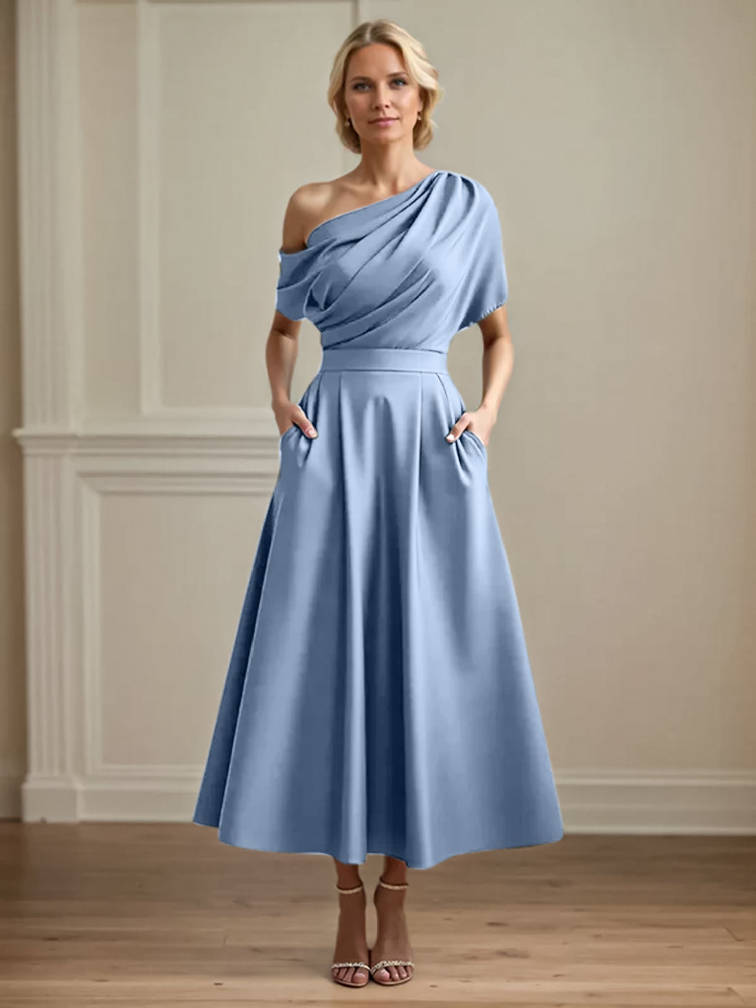 A Line Satin One Shoulder Pleated Ankle Length Mother of the Bride Dress