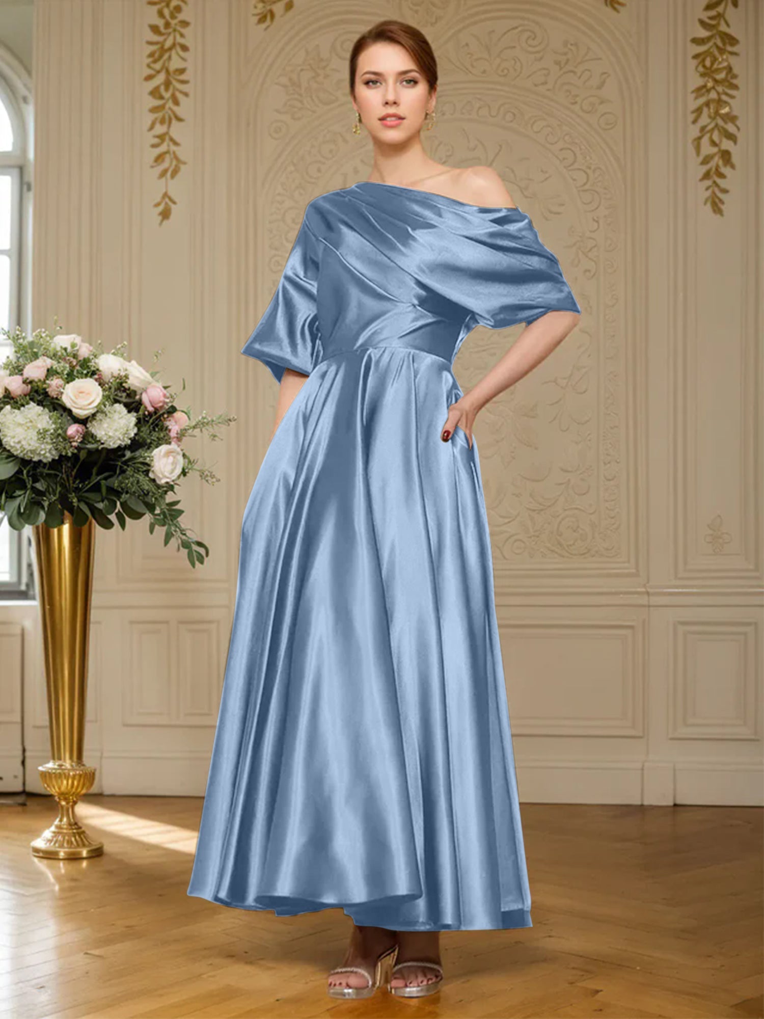 A-Linien Kurzarm plissiertes knöchellanges seidenähnliches Satin Kleid für die Brautmutter