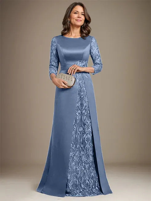 Vestido de madre de la novia largo hasta el suelo con encaje, satén, línea A, escote redondo y aplicaciones