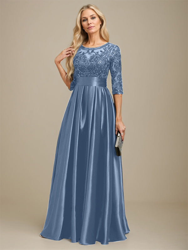 A-Linien Ausschnitt Illusions bodenlanges Stretch-Satin-Spitzenkleid für die Brautmutter mit Schleife und Pailletten