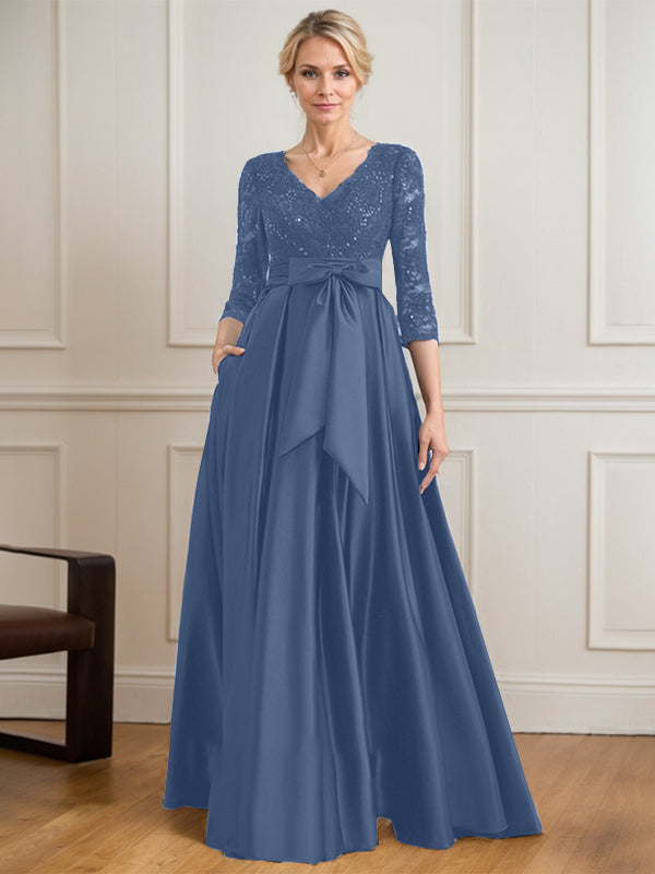 Robe mère de la mariée en satin et dentelle, coupe trapèze, col en V, longue avec nœud à sequins