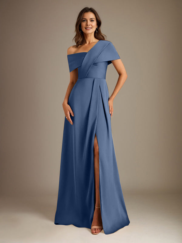 A-Linien asymmetrischer Ausschnitt bodenlanges Satin-Brautkleid für die Brautmutter mit Falten