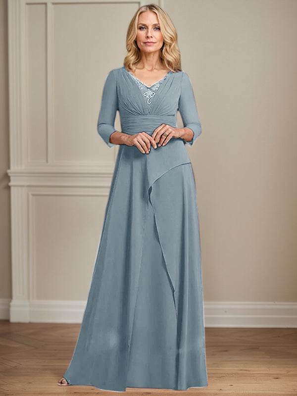 A-Linien Chiffon-Mutter-der-Braut-Kleid mit V-Ausschnitt, bodenlang, plissierte Perlenverzierung
