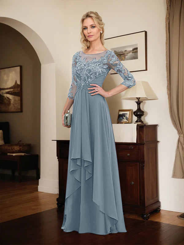 Robe mère de la mariée en ligne A avec col rond illusion, dentelle et chiffon longueur sol avec volants en cascade