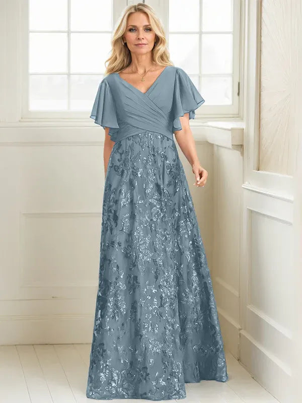 Vestido de madre de la novia en línea A con escote en V, largo hasta el suelo, encaje, lentejuelas y gasa plisada