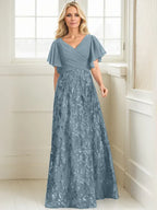 Vestido de madre de la novia en línea A con escote en V, largo hasta el suelo, encaje, lentejuelas y gasa plisada