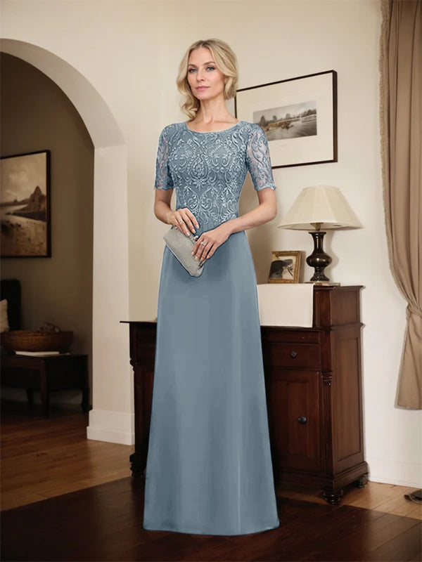 A-Linien Spitzen-Chiffon-Mutter-der-Braut-Kleid mit Rundhalsausschnitt, bodenlang und Pailletten