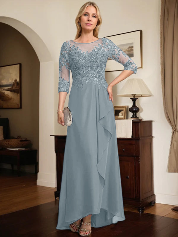 A-Linien Rundhals Illusions-Asymmetrische Spitze Chiffon Brautmutterkleid mit Pailletten und fallenden Rüschen