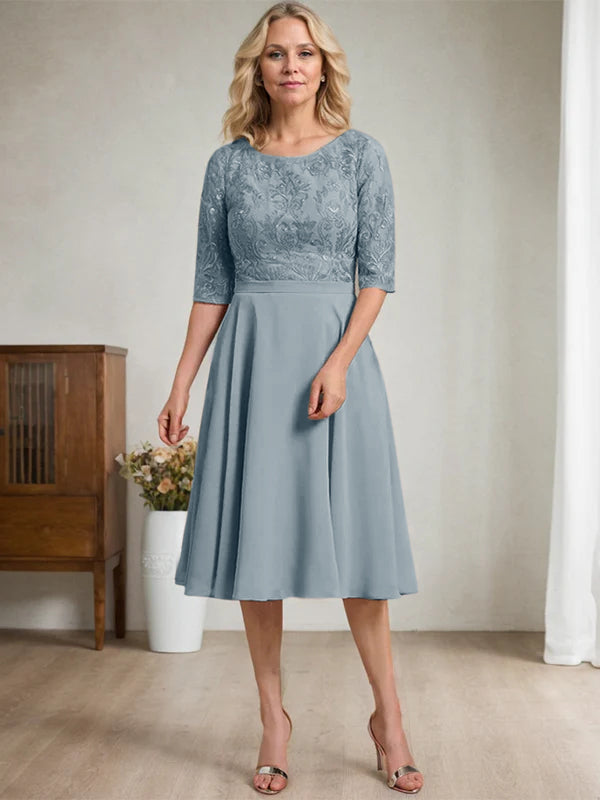 A-Linien Rundhalsausschnitt knielanges Spitzen-Chiffon Kleid für die Mutter der Braut