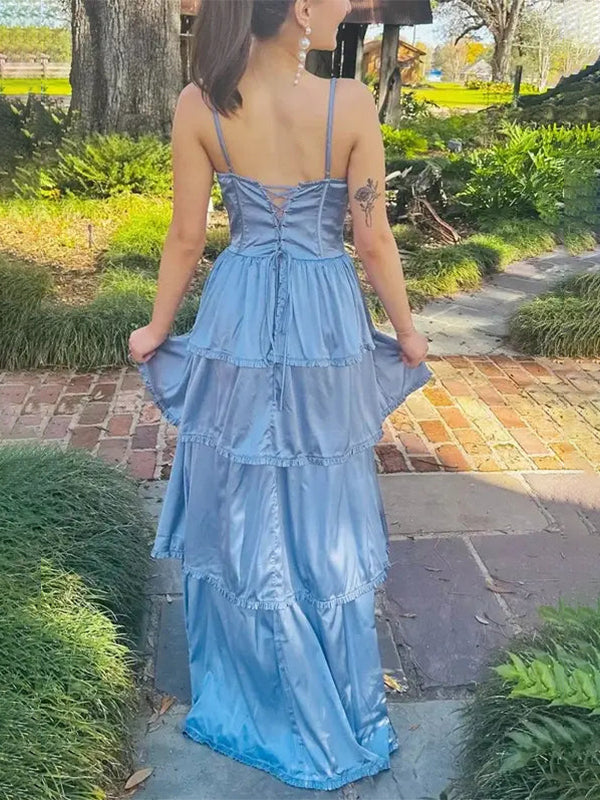 Staubblaues A-Linien Spaghettiträger Rüschen Abschlussball-Party-Kleid mit Schlitz