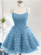 Dusty Blue A Line Spaghetti Straps Tulle Cute Homecoming Dress with Ruffles